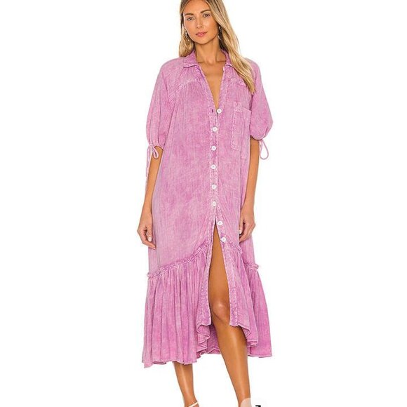 FREE PEOPLE Maya Button Up Pink Ruffle Cotton Boho Shirt Dress size small - Picture 1 of 9